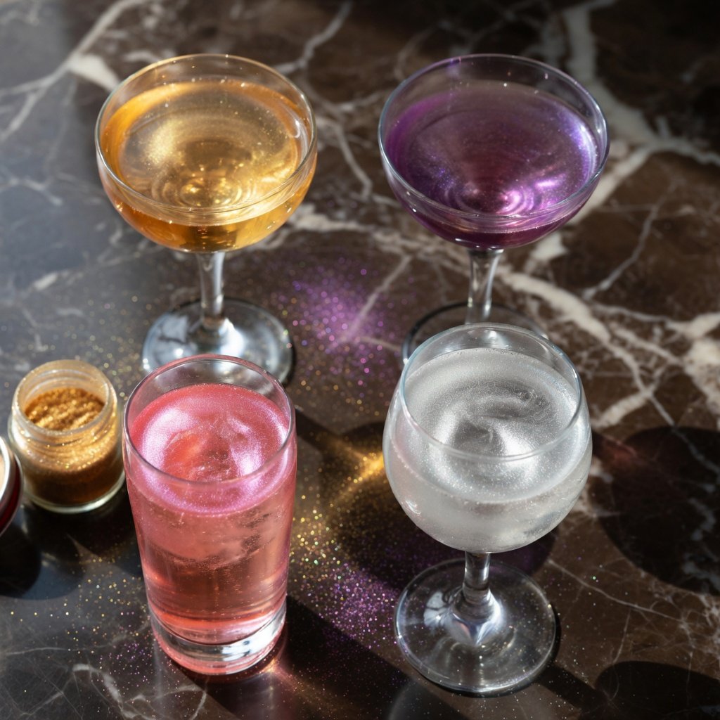 Edible glitter cocktails in four glasses — gold champagne, purple martini, pink gin fizz, and silver gin and tonic — shot from above on dark marble with scattered luster dust and an open jar of gold edible glitter
