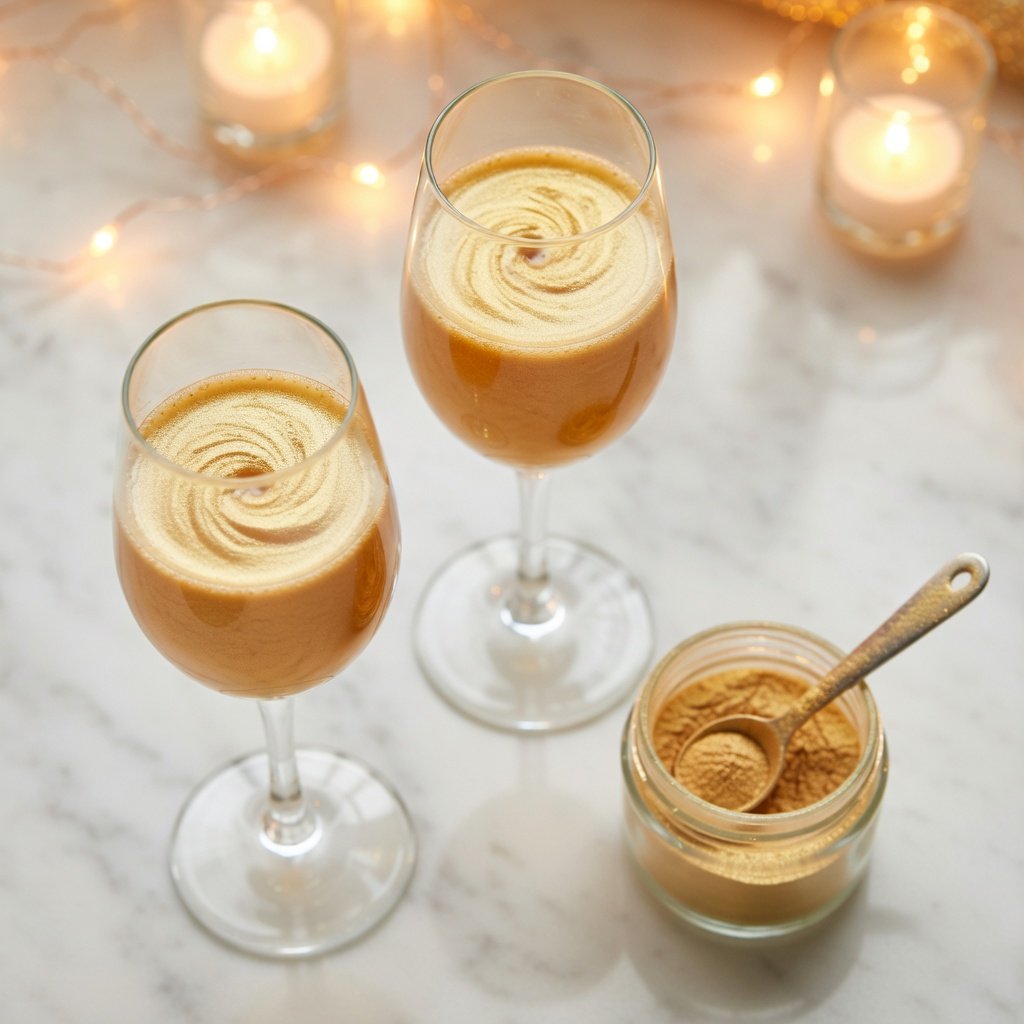 Edible glitter cocktails in gold champagne flutes with an open jar of Luster Dust and measuring spoon on marble