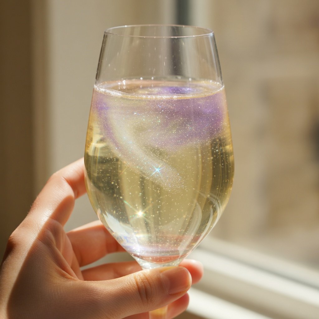 Edible glitter for cocktails shown in a tall glass of lavender lemonade, purple and pink shimmer particles refracting natural light