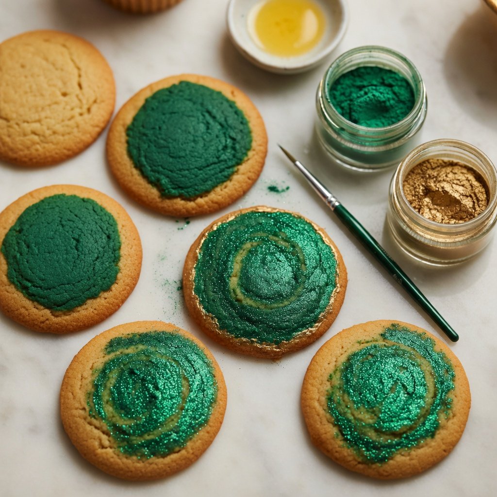 Edible glitter for cookies shown in flat-lay of six emerald velvet cookies at various stages of luster dust application with brush and open jars