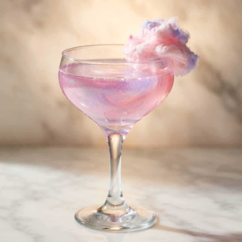 Edible glitter for drinks shimmers in a pastel cotton candy coupe cocktail dusted with pink and purple luster dust