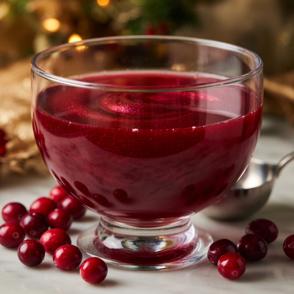 Edible glitter for drinks shimmering in a deep red cranberry punch bowl with luster dust particles catching warm holiday light