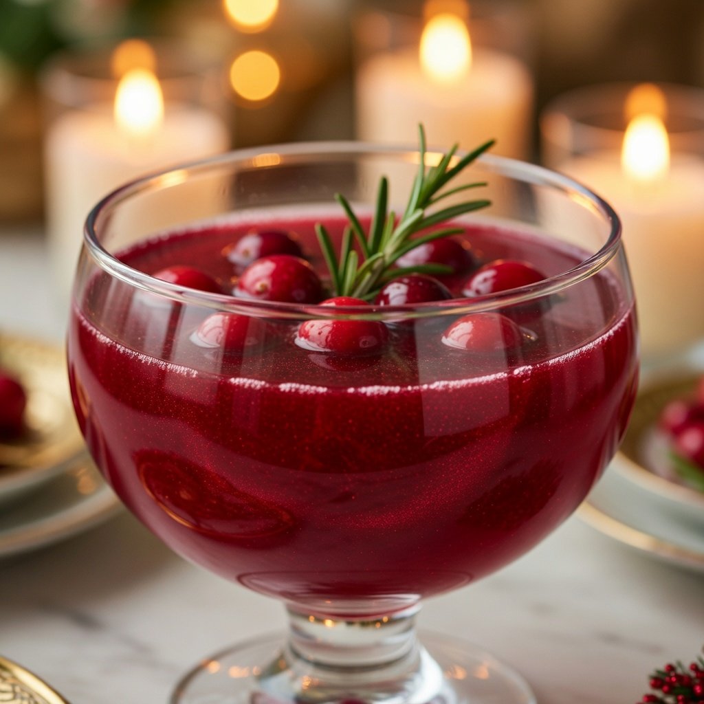 Edible glitter swirling through a ruby cranberry punch bowl, garnished with fresh cranberries and rosemary by candlelight