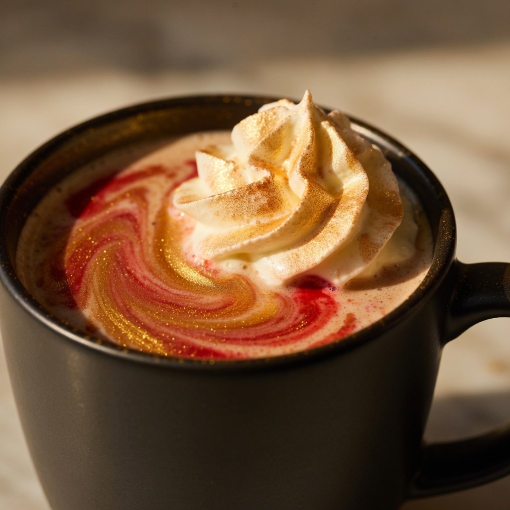 Edible glitter drink: hot chocolate with gold and red luster dust swirling in a galaxy pattern, moody overhead shot