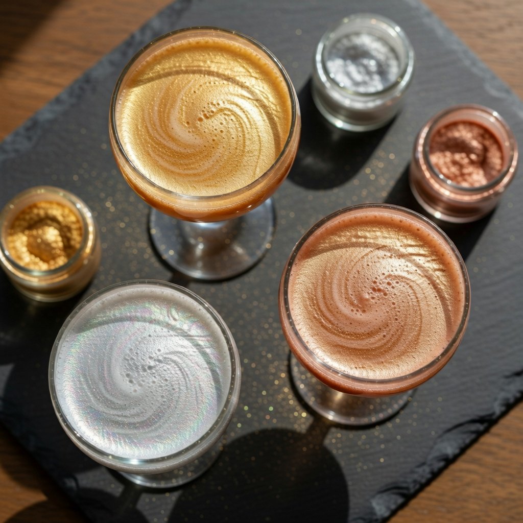 Luster dust for drinks shown in three shimmer cocktails — gold, silver, and rose gold — on a dark slate surface with open jars