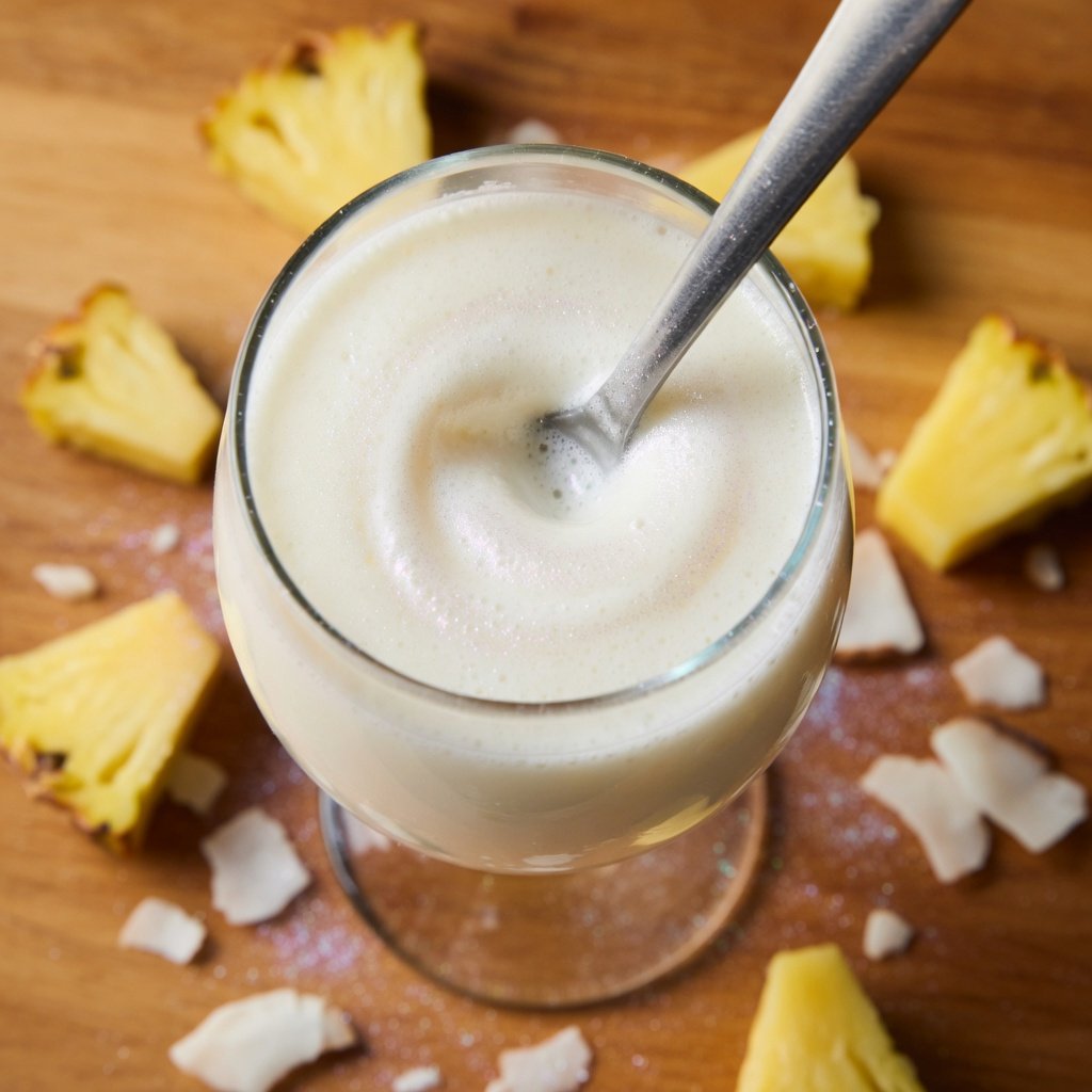 Edible glitter for drinks swirling through a creamy piña colada in a hurricane glass with pineapple and coconut