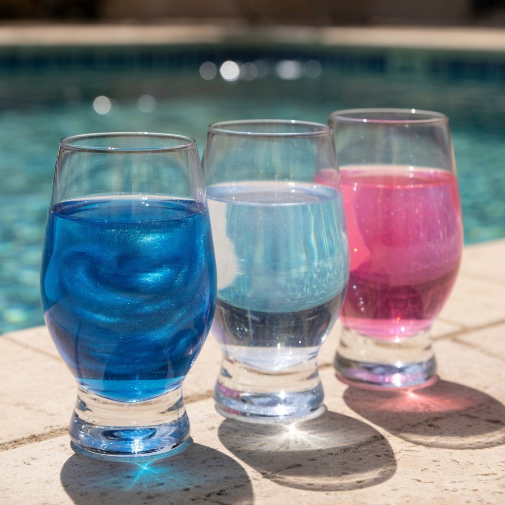 Edible glitter for drinks pool party — blue and pink cocktails in clear glasses with luster dust particles catching sunlight