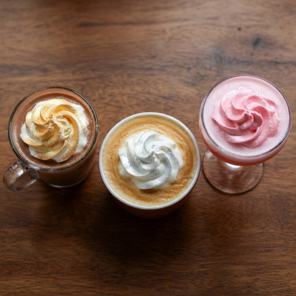 Edible glitter for drinks shown on three shimmer whipped cream toppings in gold, silver, and pink on hot chocolate, latte, and cocktail