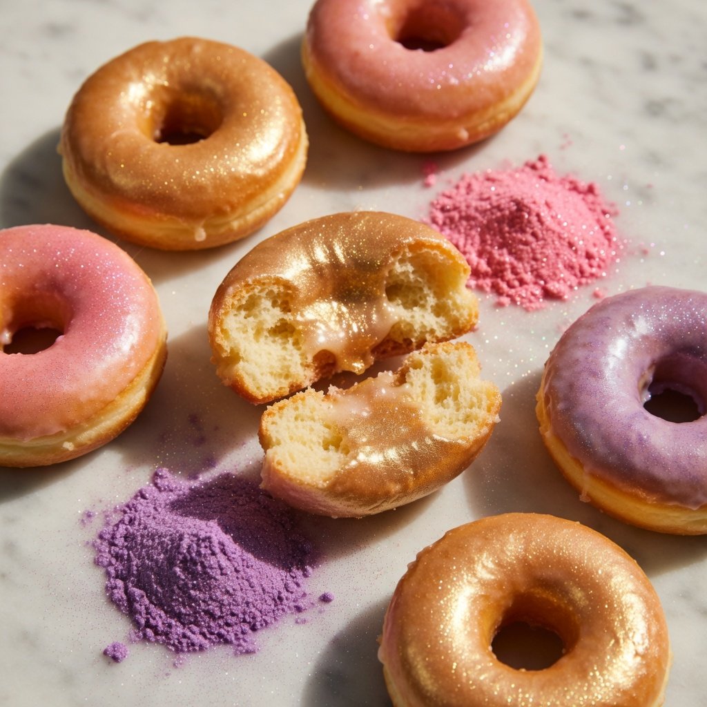 Edible glitter dust in gold, pink, and purple shimmers on glazed donuts arranged on white marble, one broken open to reveal texture