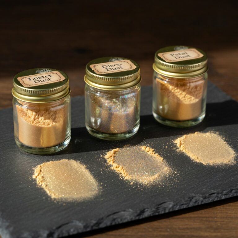Edible glitter dust comparison: three jars of luster dust, disco dust, and pearl luster dust with shimmer swatches on dark surface