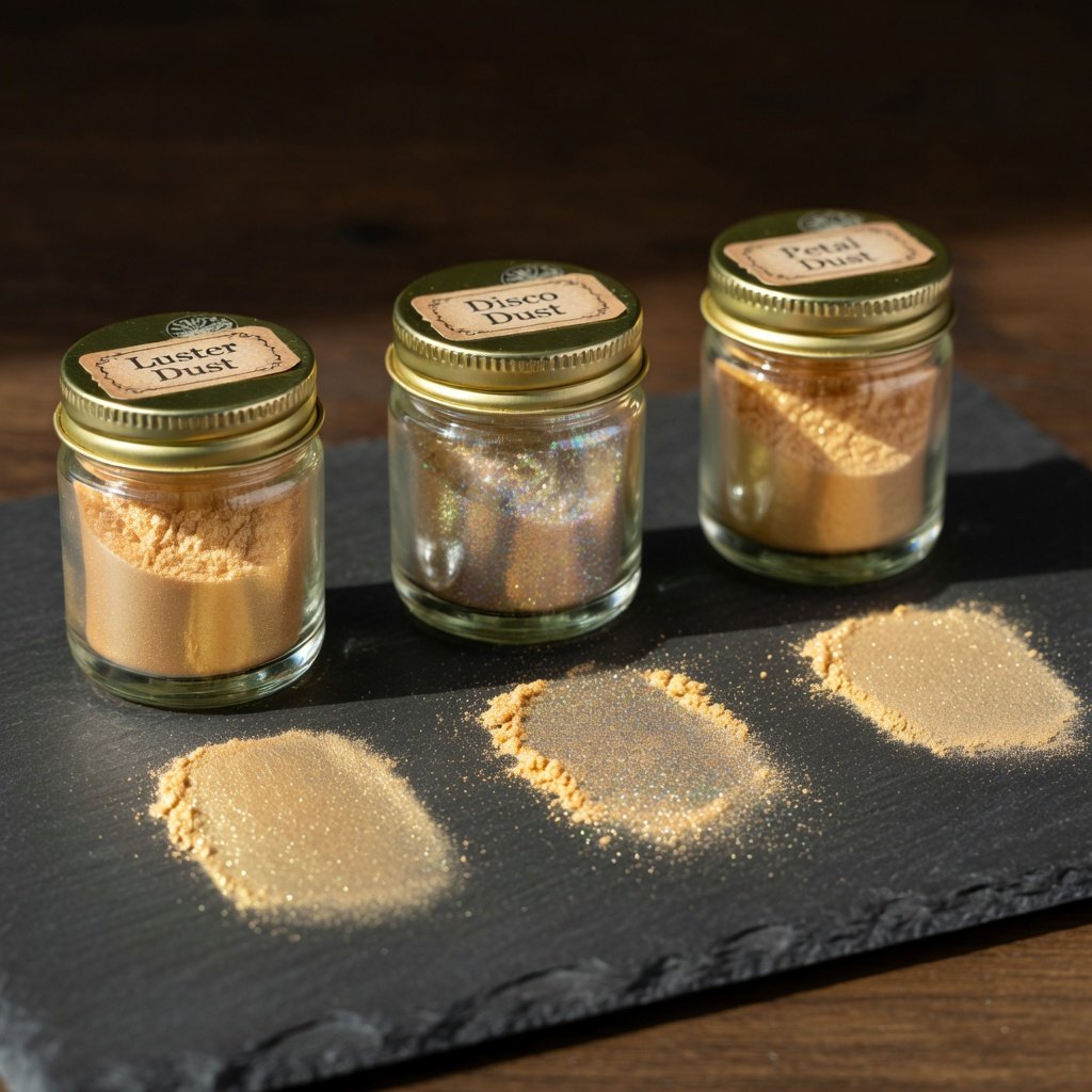Edible glitter dust comparison: three jars of luster dust, disco dust, and pearl luster dust with shimmer swatches on dark surface