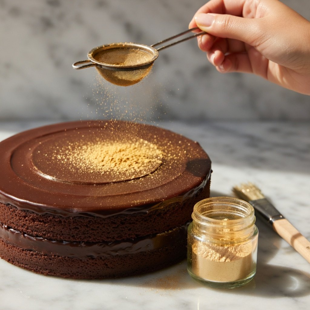 Edible glitter food safe gold luster dust being brushed over a chocolate ganache layer cake on white marble