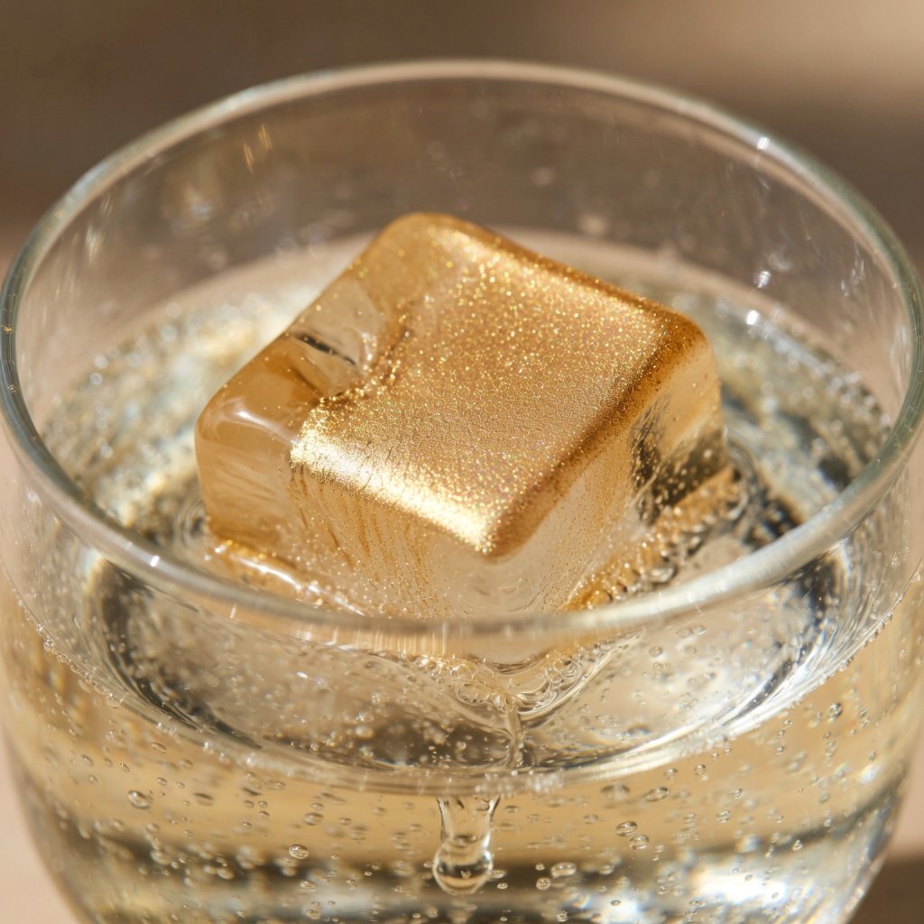 Edible glitter food safe ice cube shimmering in crystal-clear sparkling water glass as gold luster dust catches light