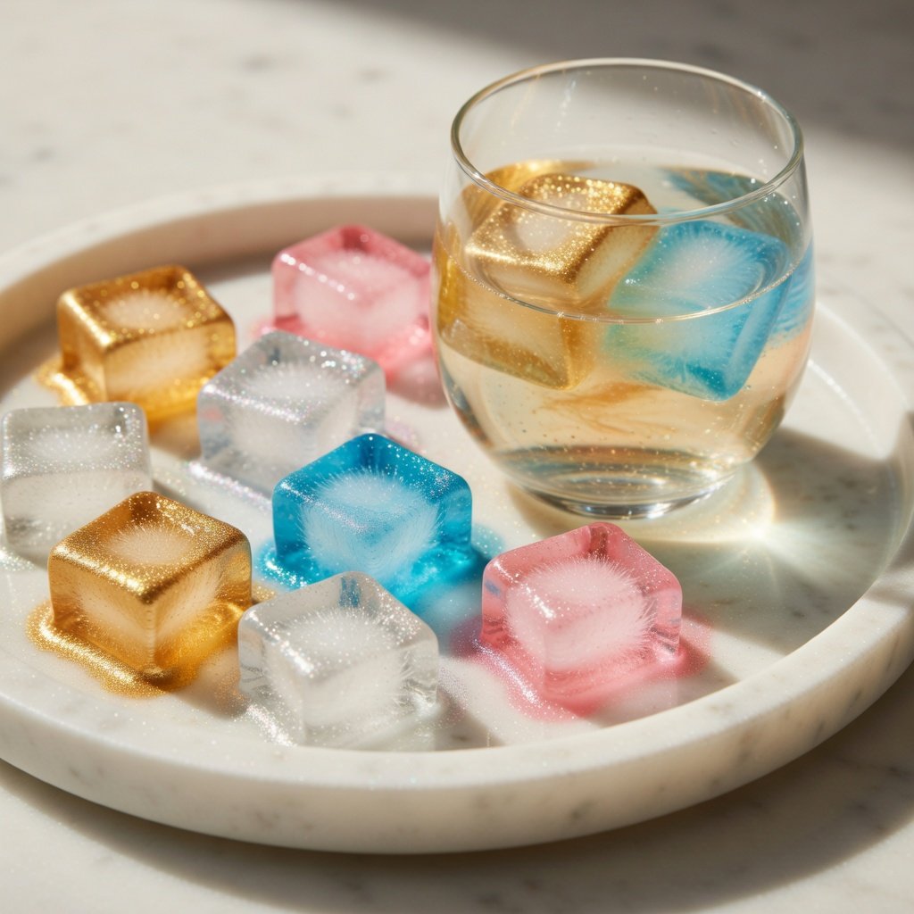 Edible glitter food safe ice cubes in gold, silver, blue, and pink shimmering on a white surface, melting in a clear glass