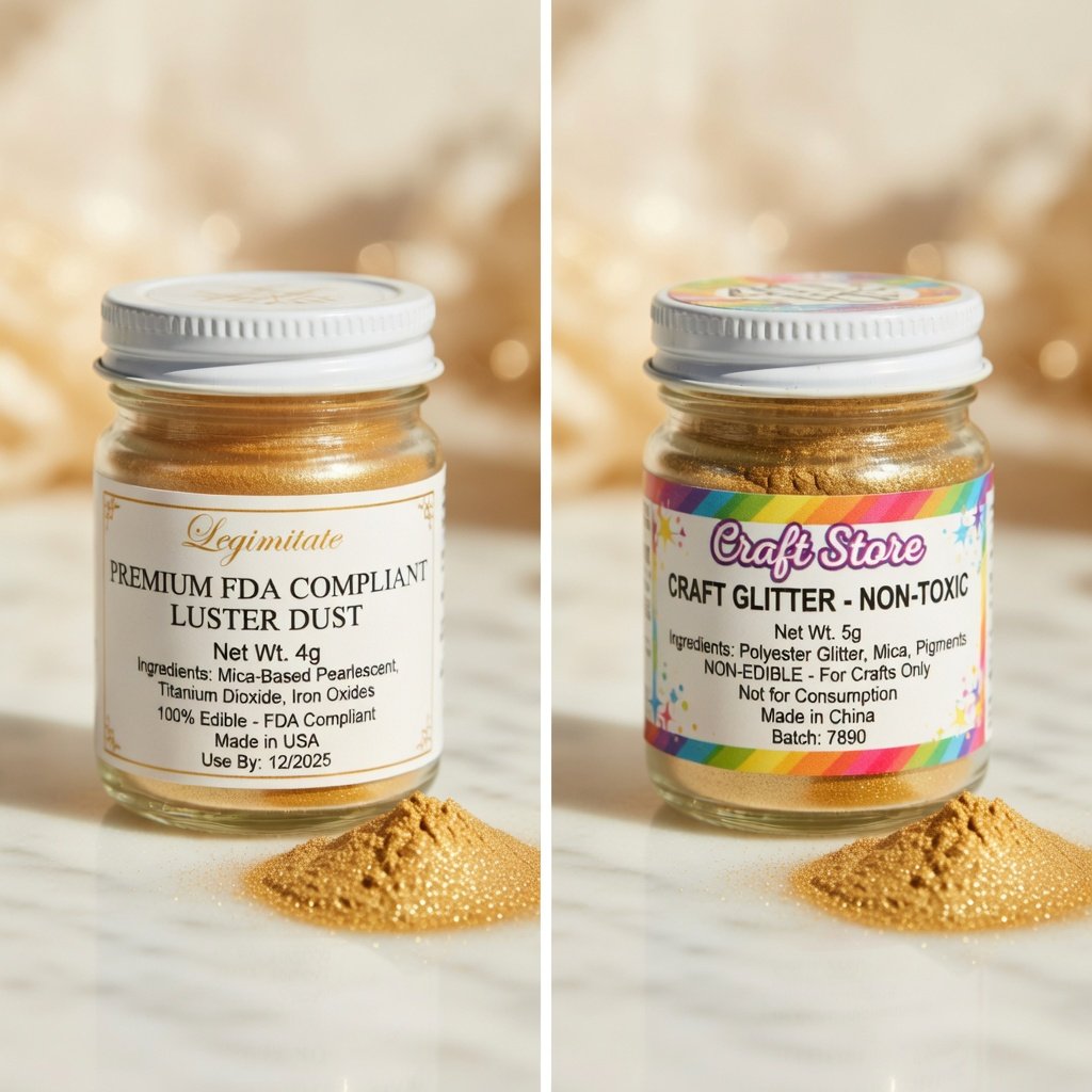 Edible glitter food safe label comparison showing Luster Dust FDA compliant jar beside craft store non-toxic glitter packaging