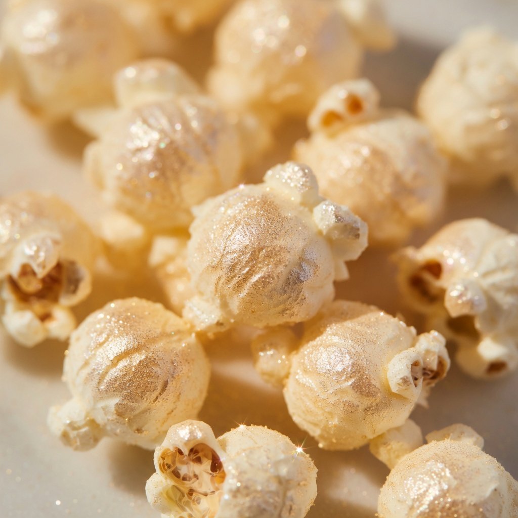 Edible glitter food safe popcorn kernels coated in gold and silver shimmer, showing metallic luster on textured surfaces