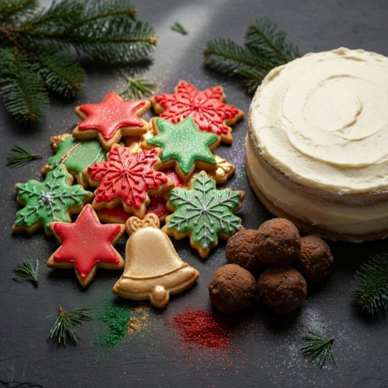 Edible glitter for cakes and cookies: overhead flat lay of Christmas sugar cookies, layer cake, and chocolate truffles dusted with red, green, gold, and silver luster dust on a dark surface with pine sprigs
