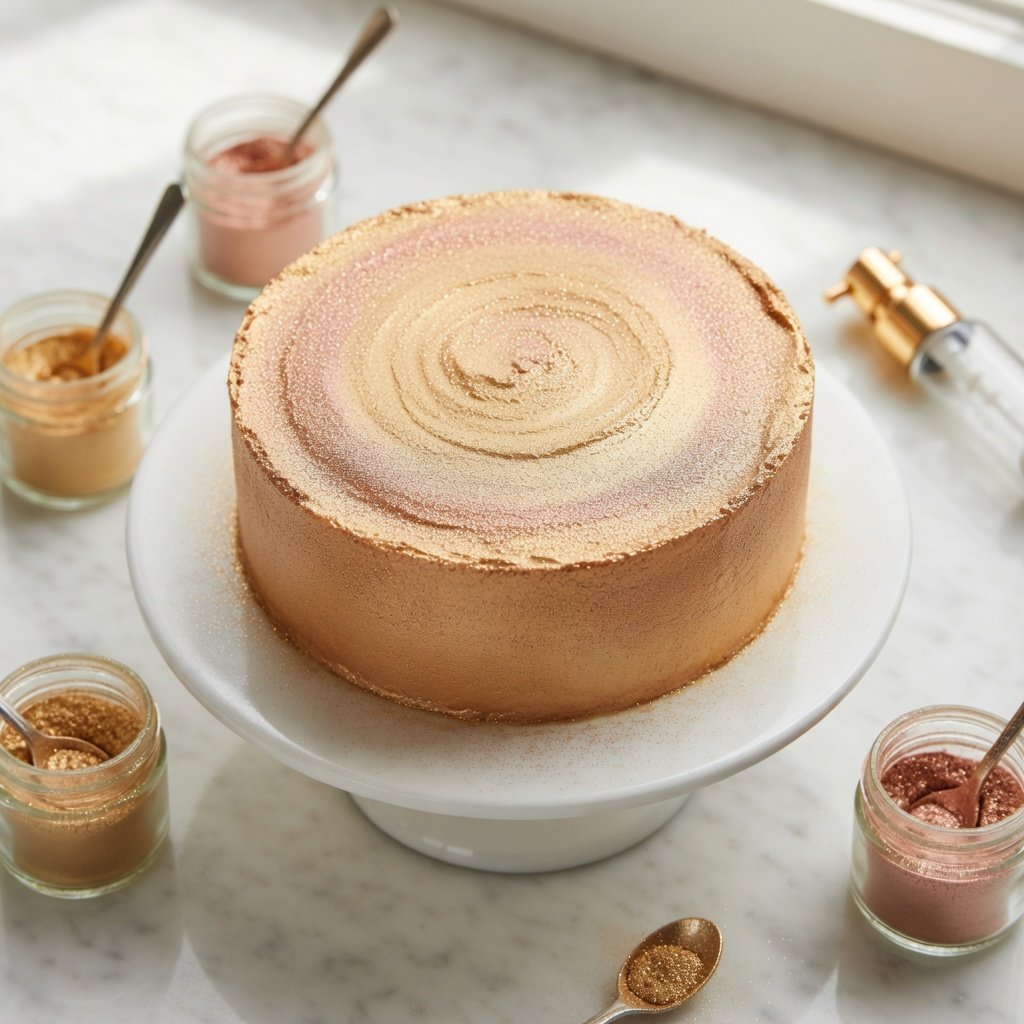 Edible glitter for cakes displayed on a gold and rose gold glitter cake surrounded by open Luster Dust jars and pump sprayer