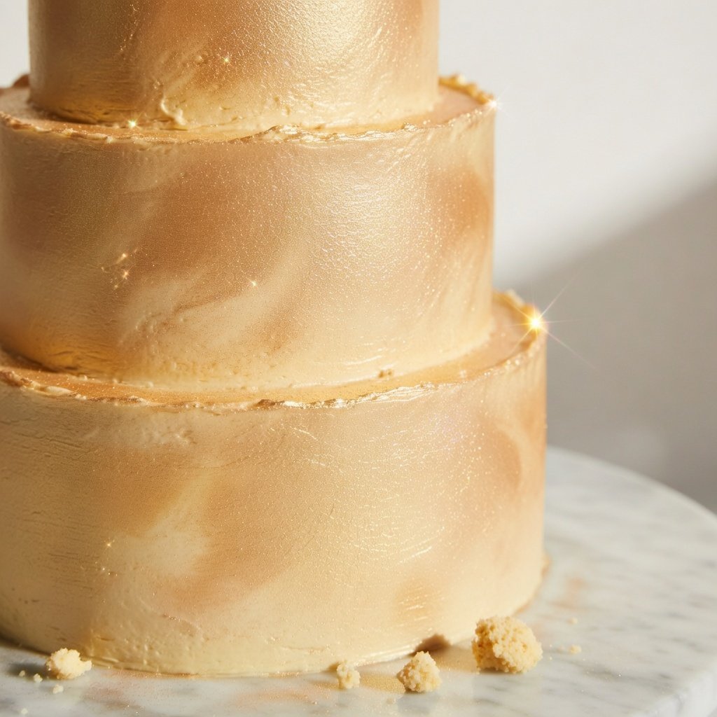 Edible glitter for cakes shown on a three-tier gold buttercream cake with shimmer finish by Luster Dust
