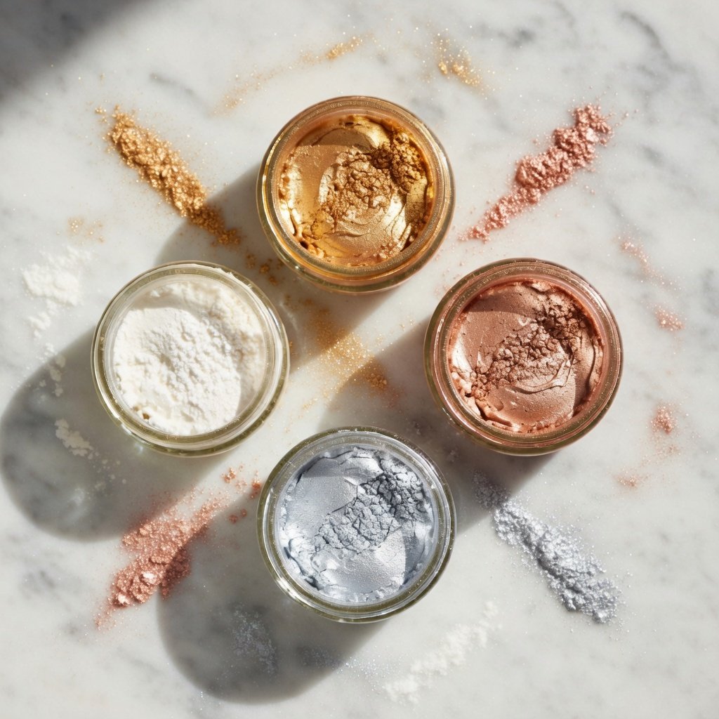Edible glitter for cakes displayed in four open luster dust jars — gold, rose gold, silver, and white — with decorated cake slices on marble