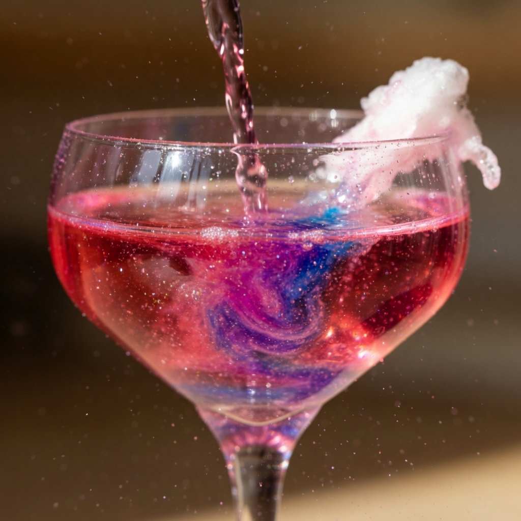 Edible glitter for drinks suspended in a mid-pour cotton candy cocktail with pink and purple particles swirling through blue curaçao in a coupe glass