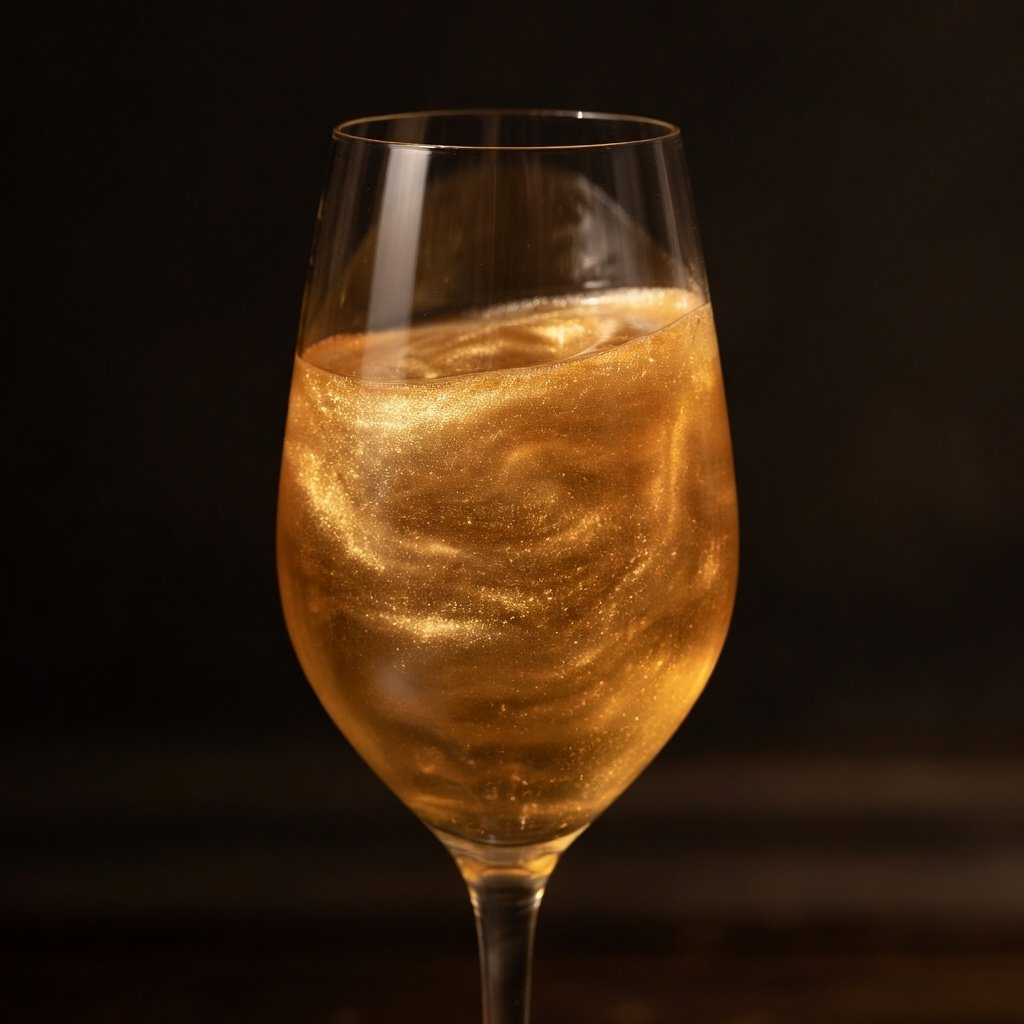 Edible glitter for drinks swirling as gold shimmer particles in a champagne flute with warm moody lighting