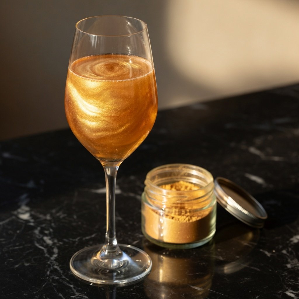 Edible glitter for drinks swirling in a champagne flute, with a jar of Luster Dust gold luster dust on dark marble