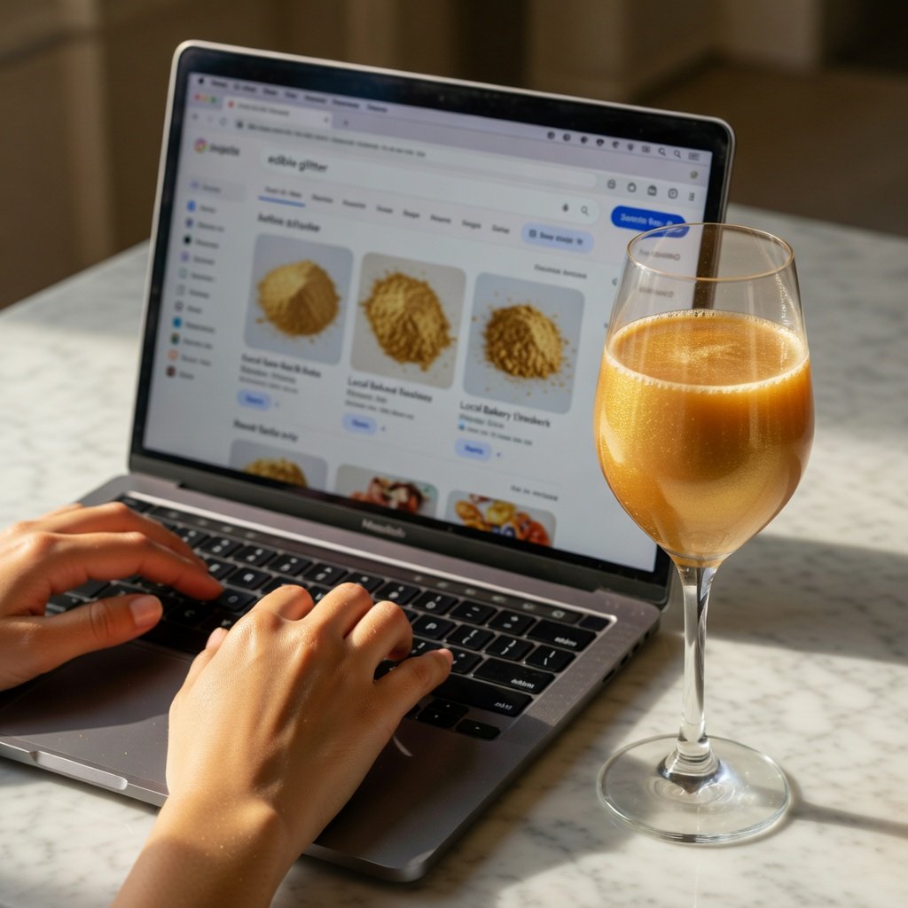 Person searching for edible glitter for drinks nearby on a phone next to a shimmering gold cocktail on a counter