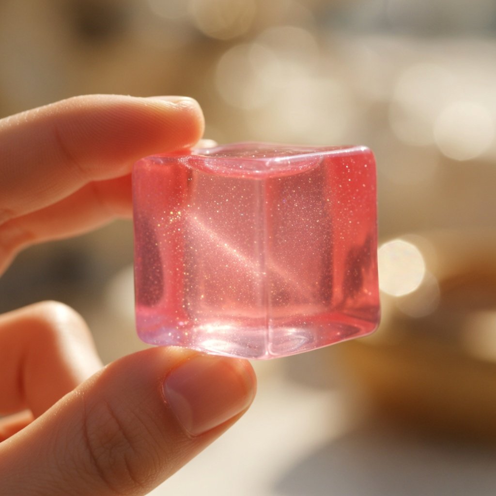 Edible glitter for drinks shown in a glowing pink Jell-O shot held up to light, revealing shimmer throughout set gelatin