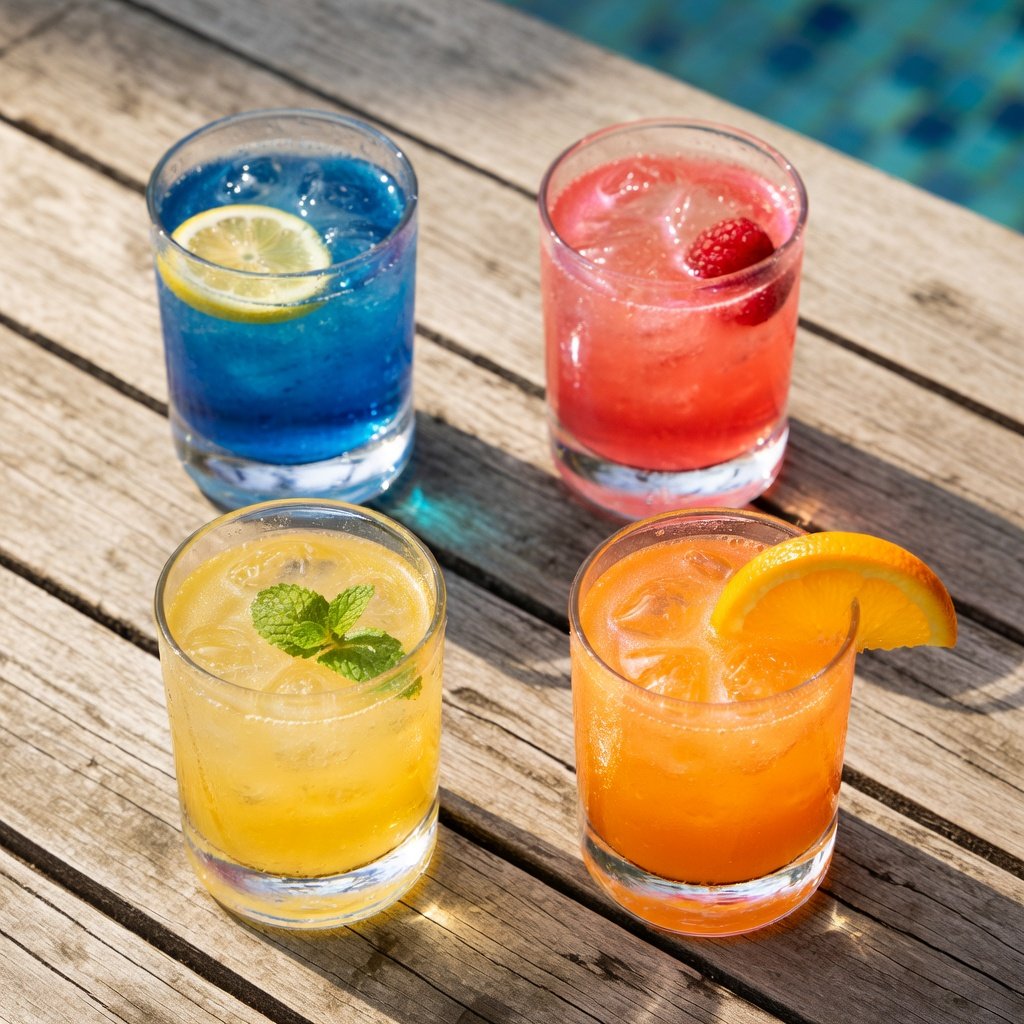 Edible glitter for drinks shimmering in four colorful pool party cocktails — blue, pink, yellow, and orange — on a sun-bleached wood table