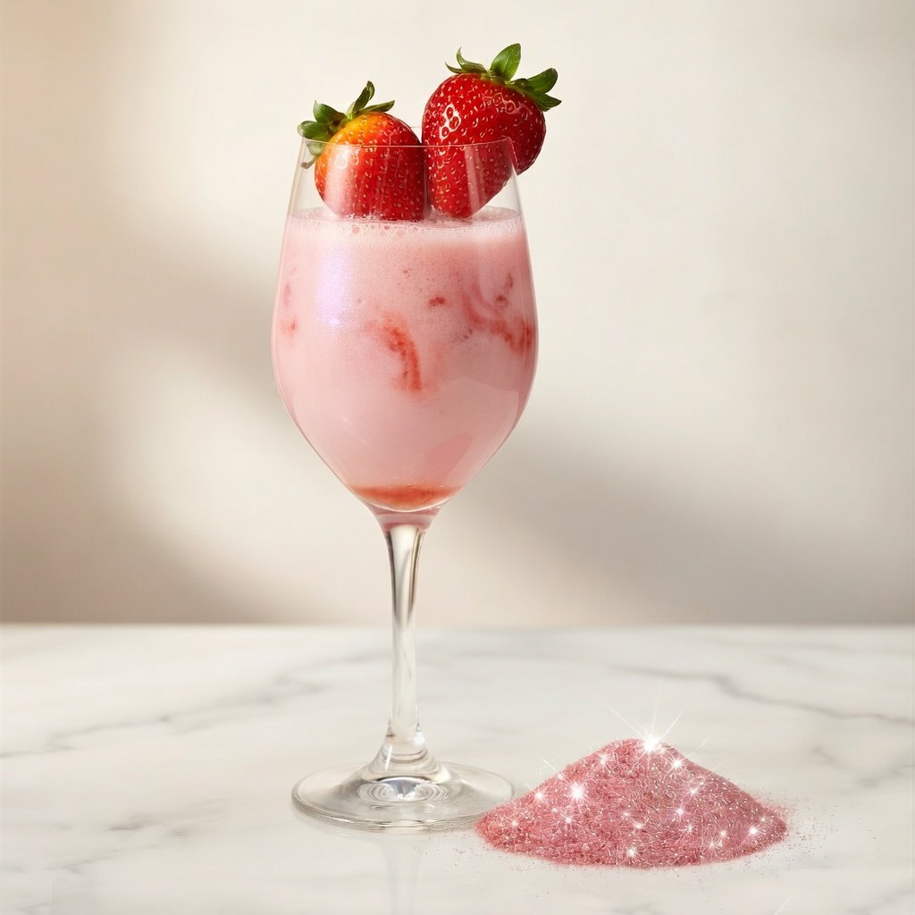 Edible glitter for drinks near me: tall glass of sparkling strawberry milk with pink shimmer swirl and fresh strawberries on white marble