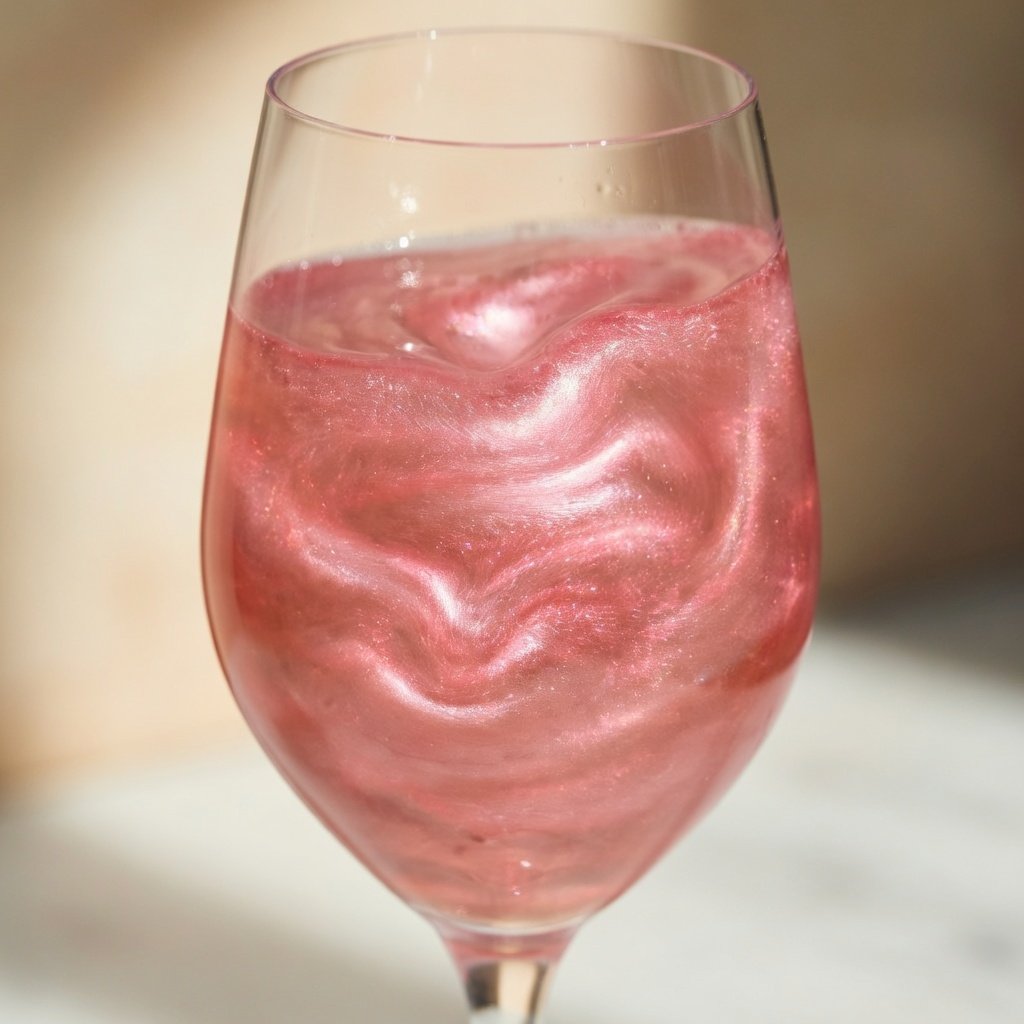 Edible glitter for drinks swirling through pink strawberry milk in a glass, catching light with a shimmering luster dust effect
