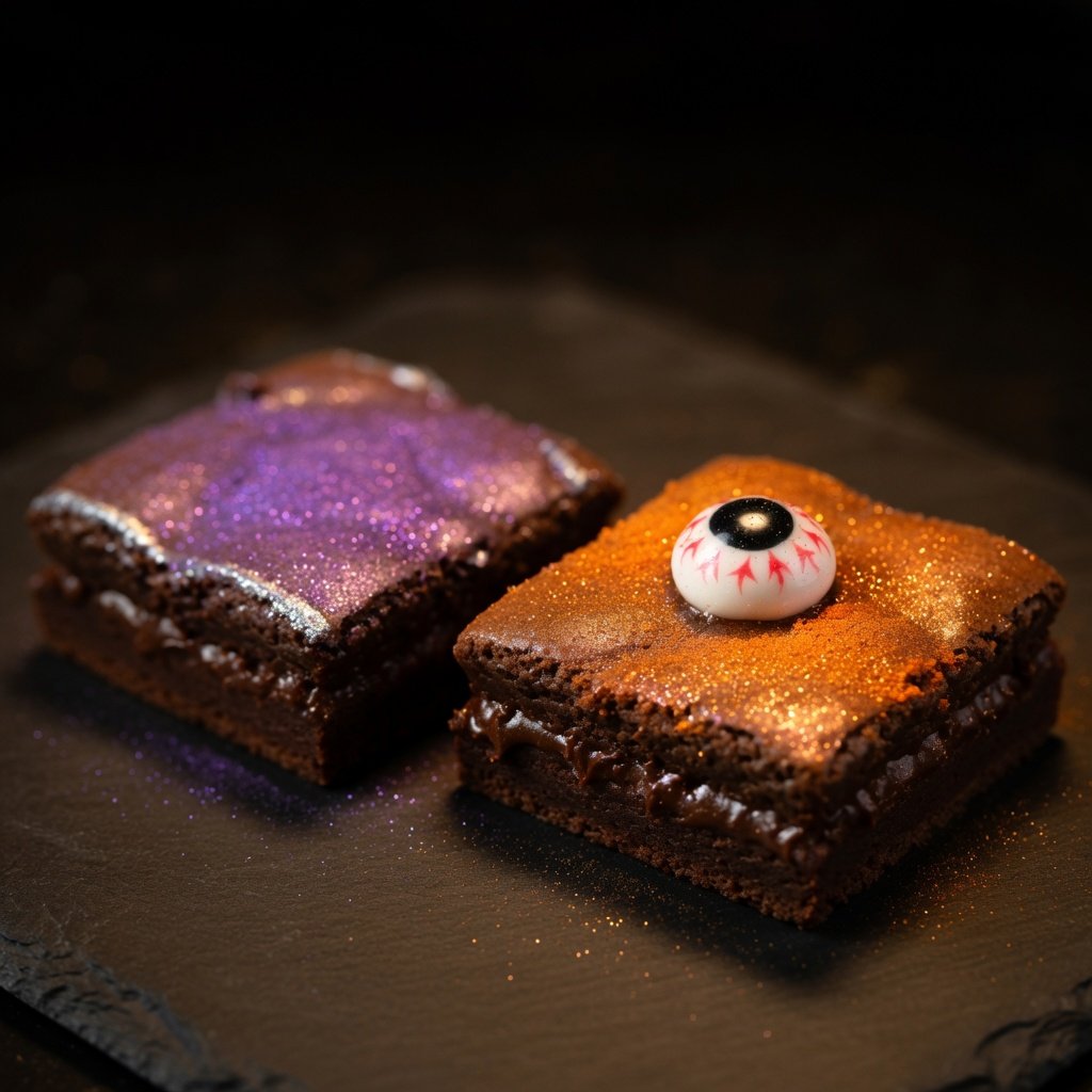 Edible glitter for desserts on Halloween brownies dusted in purple and orange luster dust with a candy eyeball accent