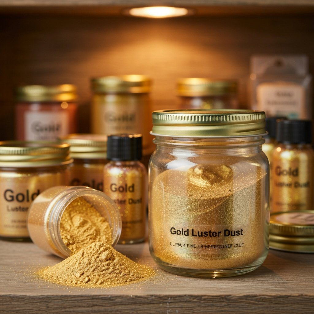 Edible glitter hobby lobby shelf flat lay with a gold luster dust jar catching warm shimmer in the foreground
