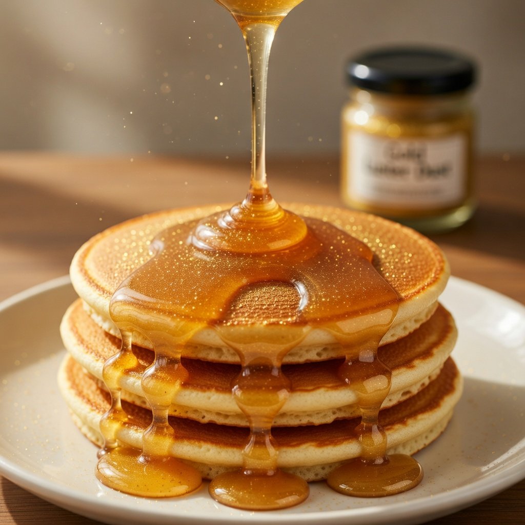 Edible glitter for desserts shown as gold honey drizzles over stacked pancakes, with Luster Dust jar softly blurred in background
