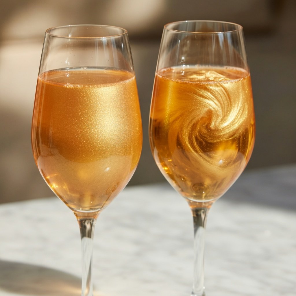 Edible glitter in champagne side by side — Wicked's flat sparkle versus Luster Dust Gold's deep metallic shimmer