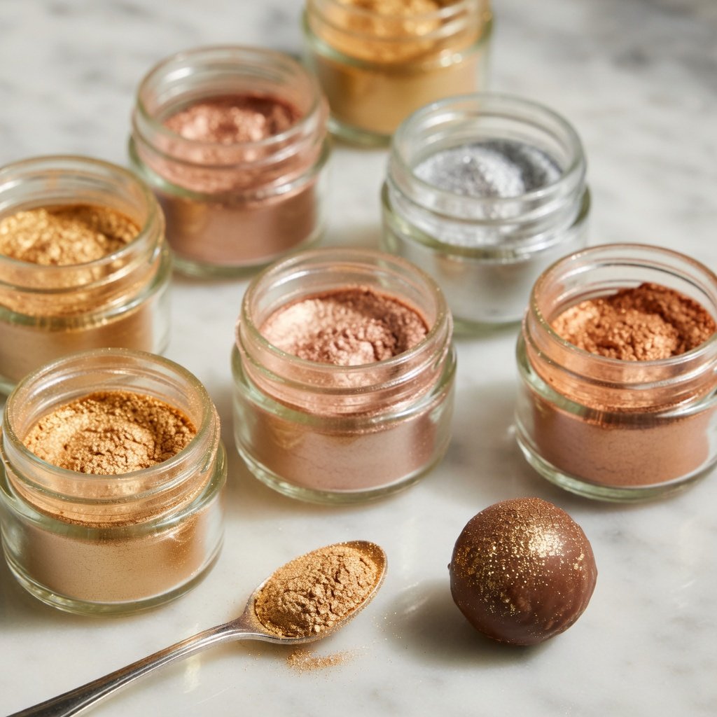 Edible glitter ingredients displayed in open colored luster dust jars on marble with a decorated chocolate truffle