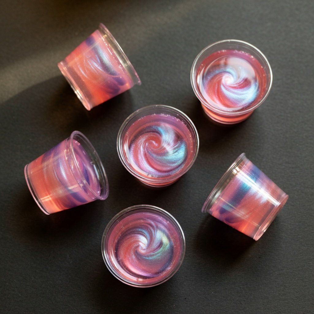Edible glitter cocktails as Jell-O shots in clear cups glowing with pink, purple, and blue luster dust shimmer