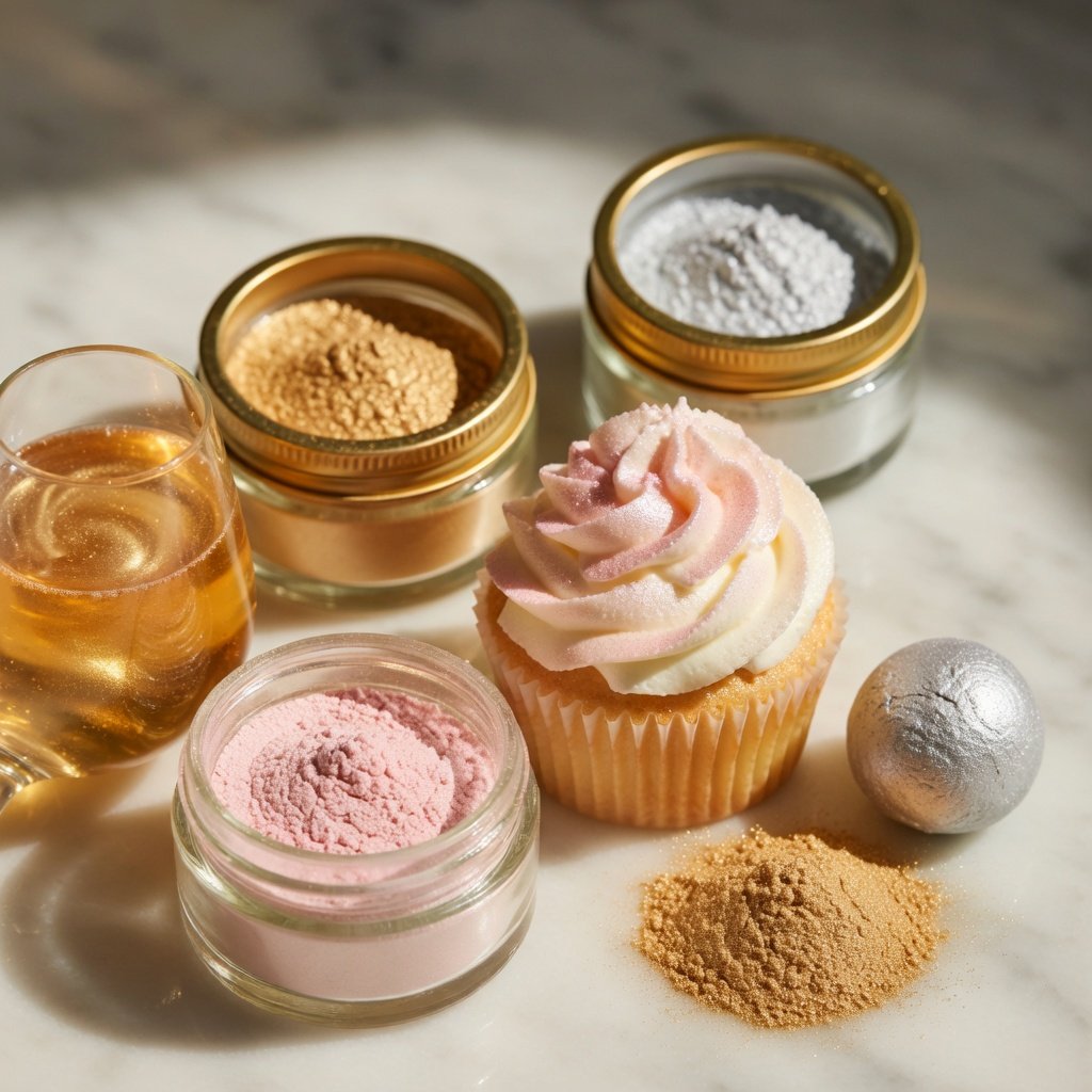 Edible glitter luster dust colors in gold, silver, and pink jars styled with a shimmer champagne flute, frosted cupcake, and chocolate truffle