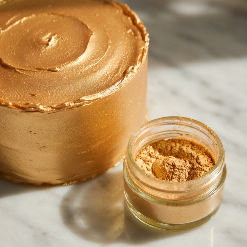 Edible glitter for cakes shown on a smooth metallic gold buttercream frosted cake beside an open jar of Luster Dust on marble