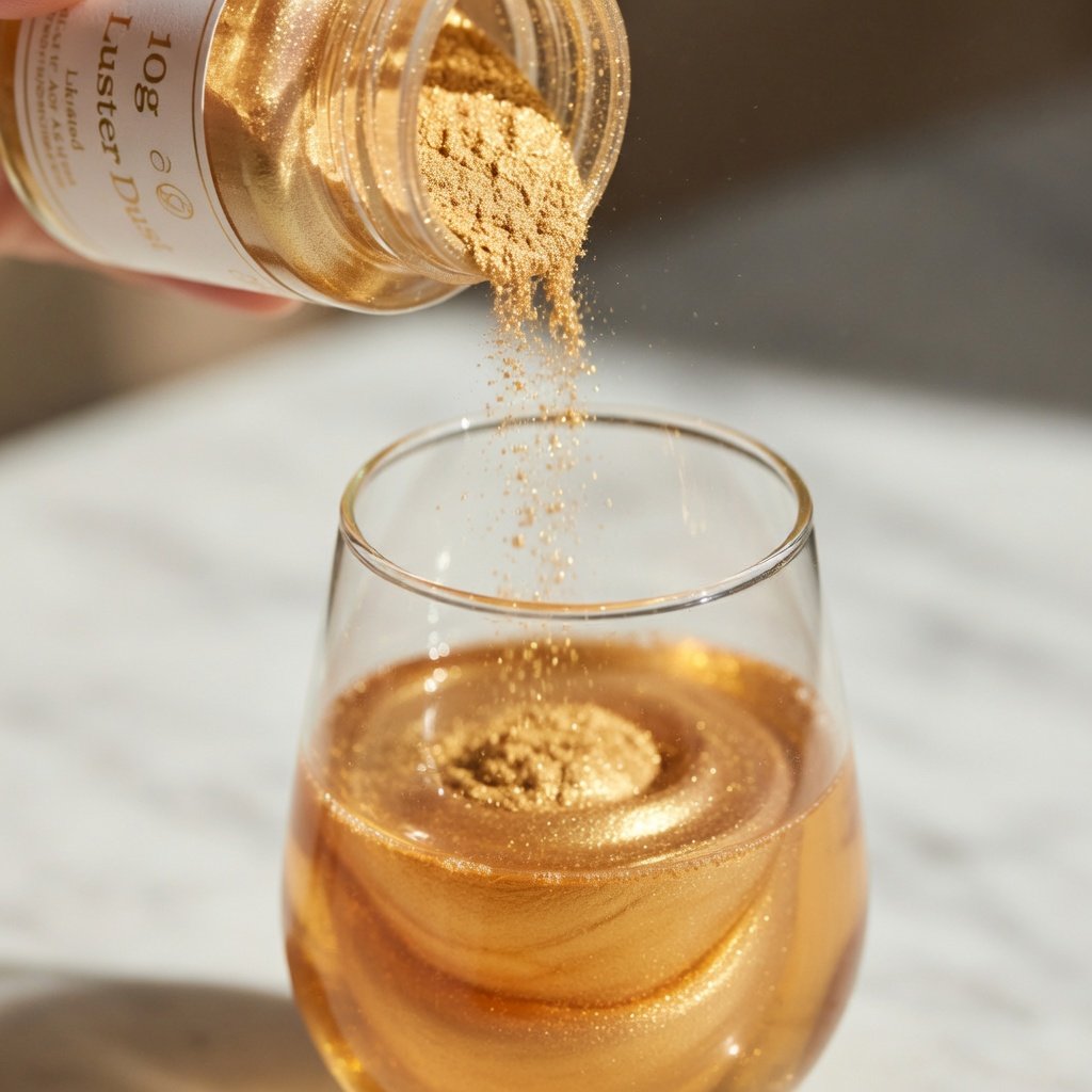 Edible glitter Michaels alternative: gold Luster Dust particles cascading from a 10g jar into a champagne flute, catching light mid-fall