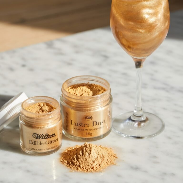 Edible glitter from Michaels in a small Wilton jar beside a 10g Luster Dust jar on marble with a gold-dusted champagne glass