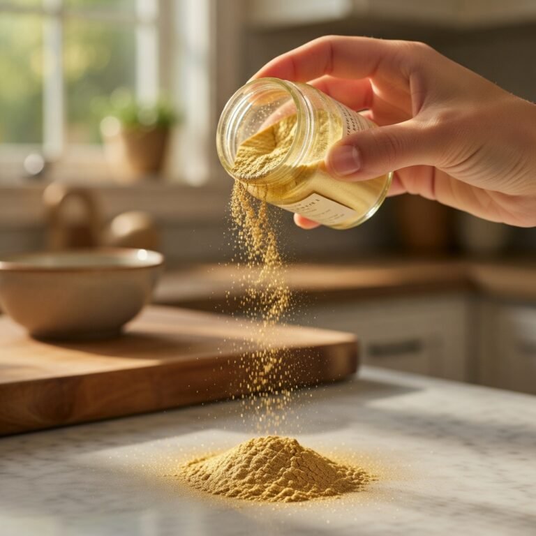 Edible glitter near me search ends here — hand holding a jar of gold luster dust over a home kitchen counter