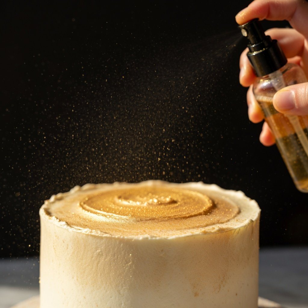 Edible glitter spray misting a frosted white cake with gold luster dust mixed in alcohol, shimmer catching studio light mid-spray