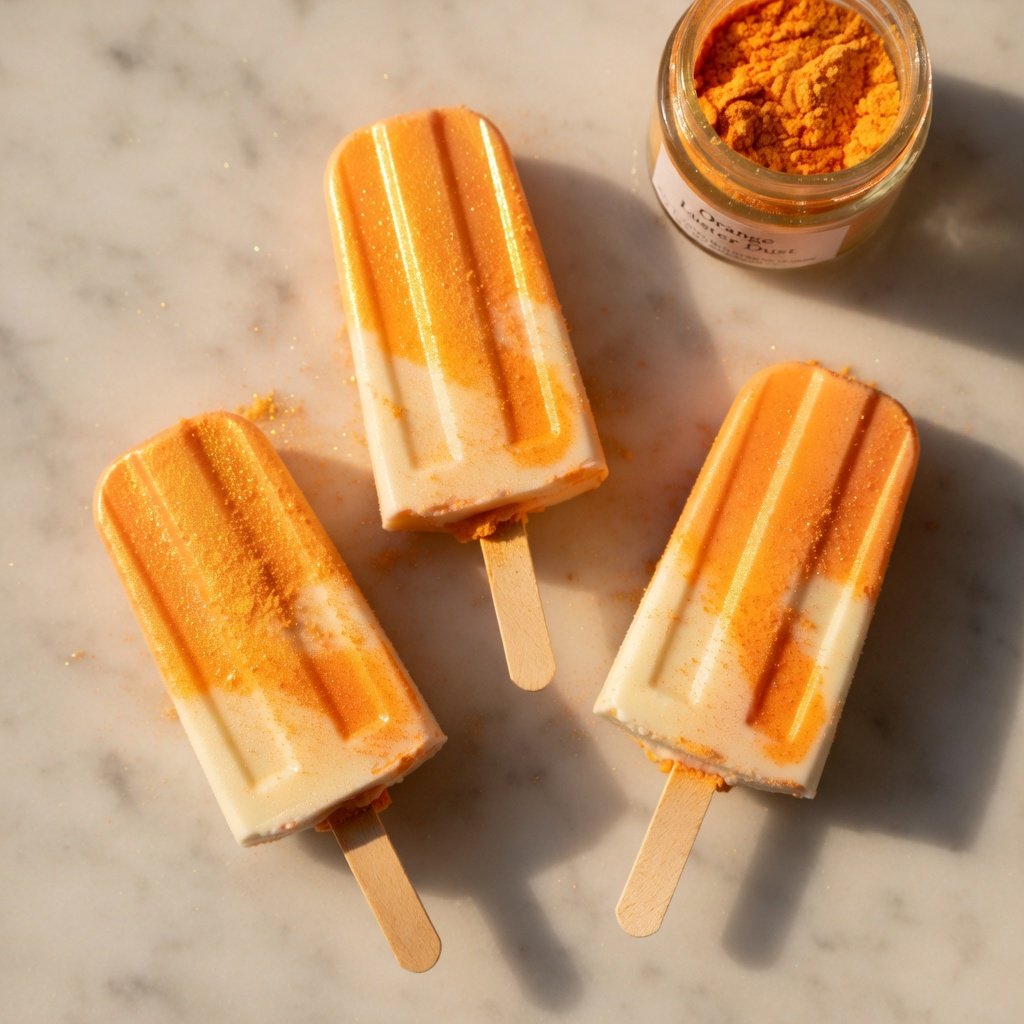 Edible glitter spray for cakes shines on three orange creamsicle popsicles dusted with orange luster dust on marble
