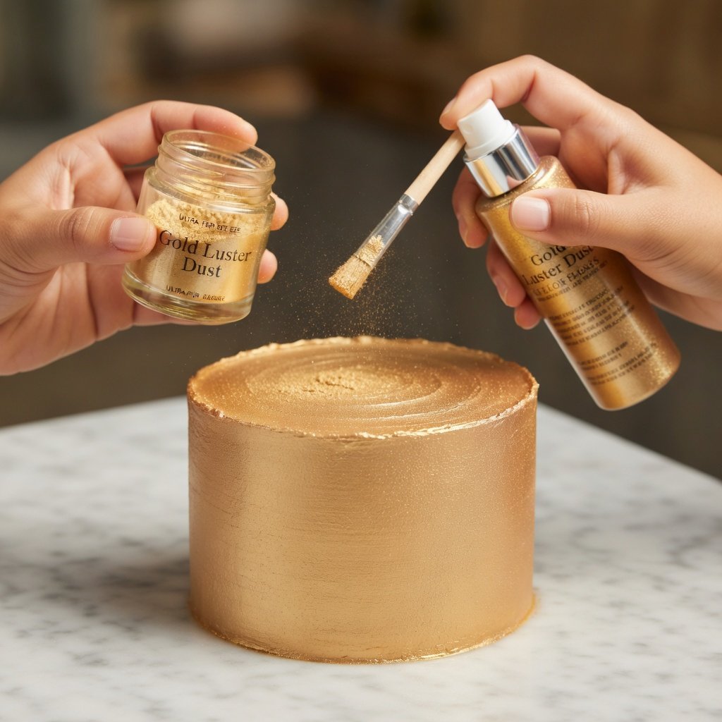 Edible glitter spray pump bottle and luster dust jar with brush held over a decorated cake tier on marble