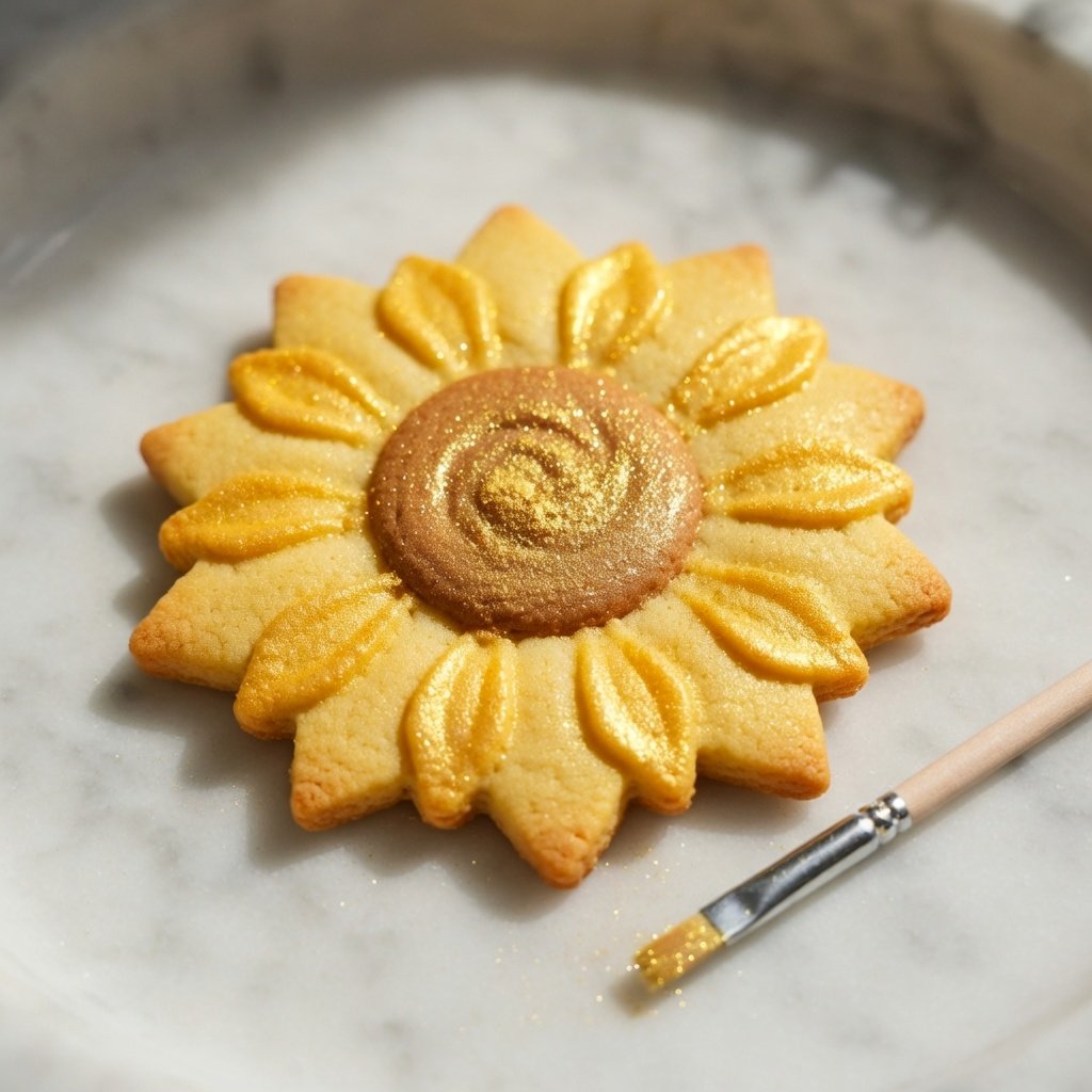 Edible glitter for cookies shown on a sunflower sugar cookie with yellow shimmer on petals and gold luster dust on the brown center, brush beside it on marble