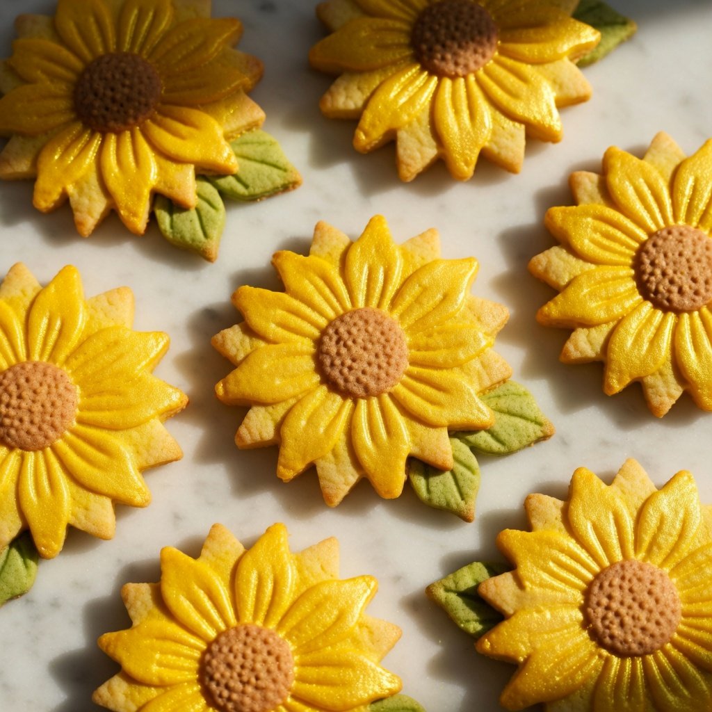 Edible glitter for cookies shown on golden sunflower sugar cookies with shimmering yellow luster dust petals and green leaf accents on white surface