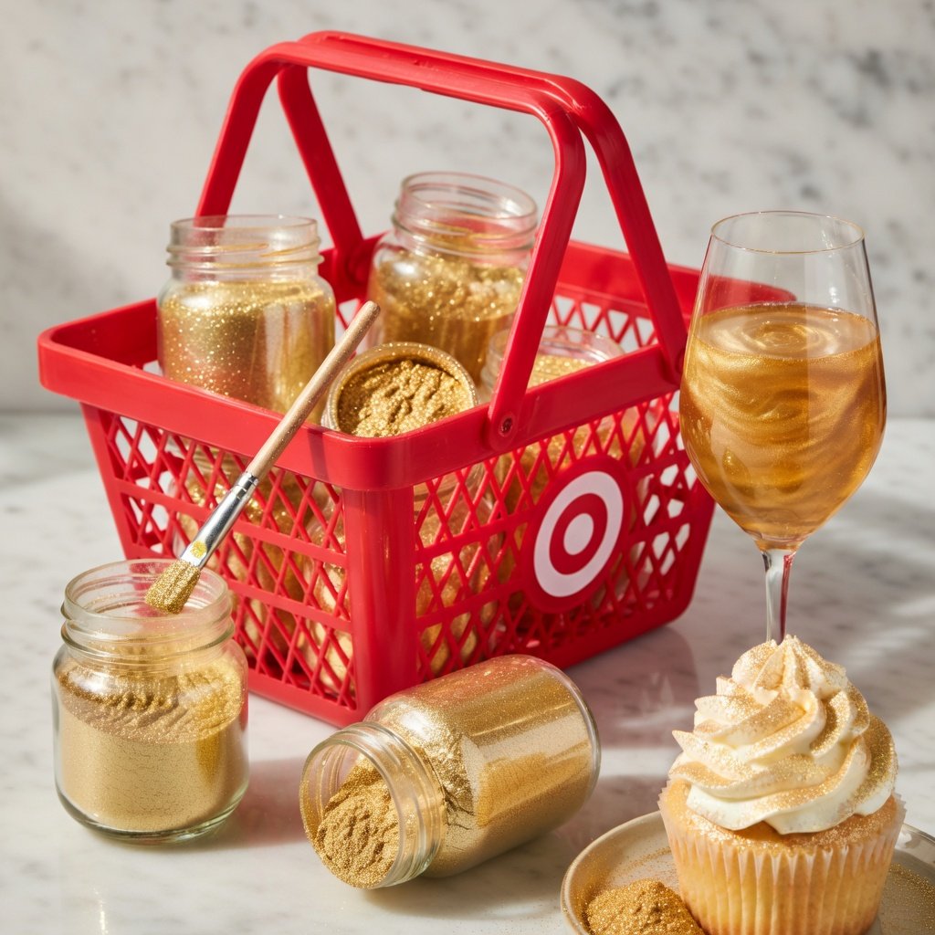 Edible glitter jars in a red Target shopping basket with a decorated cake and champagne glass nearby