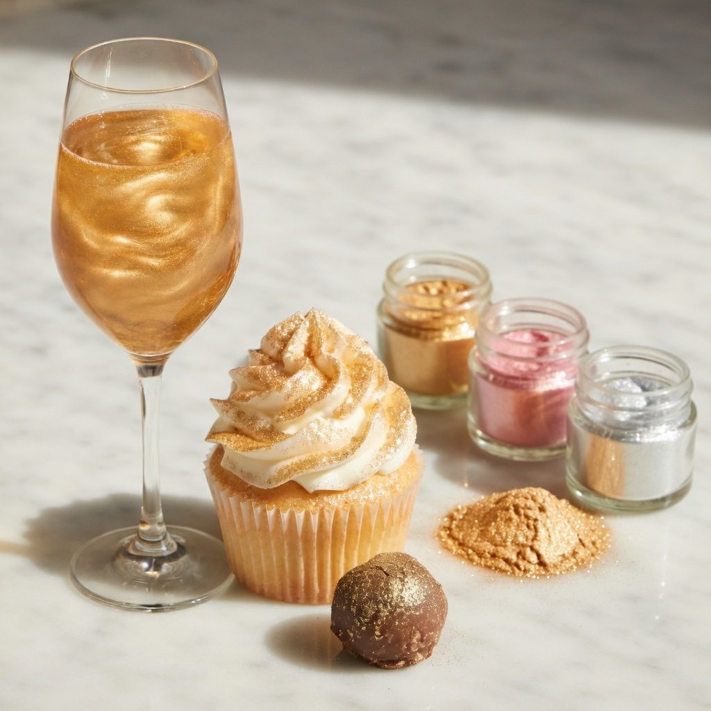 Edible glitter uses on cakes and drinks shown with gold, pink, and silver luster dust jars beside a chocolate truffle, champagne flute, and cupcake with metallic frosting